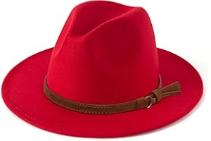 Vim Tree Unisex Wide Brim Felt Fedora Hats Men Women Panama Trilby Hat with Band Red L (Head Circumference 22.8"-23.6")