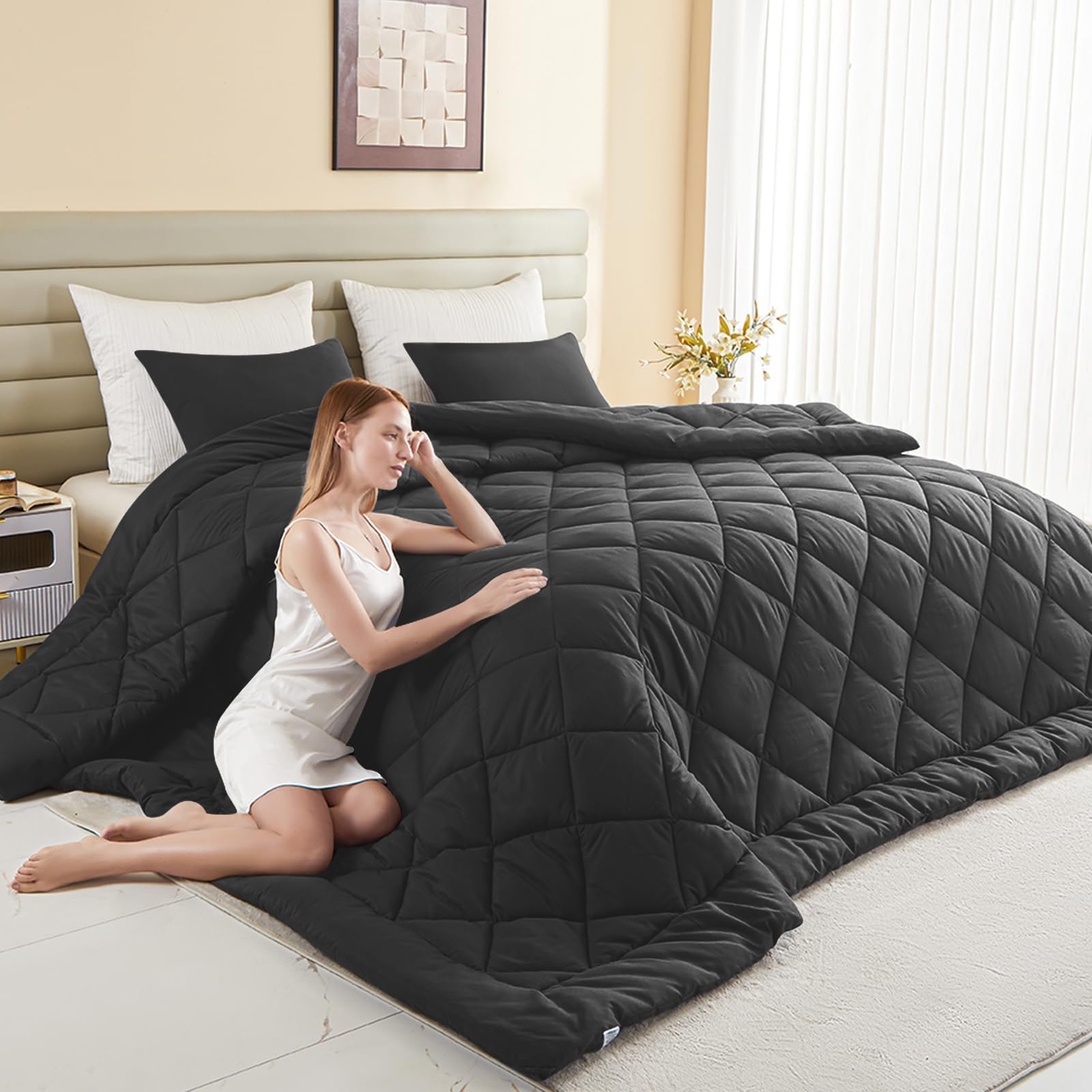 Photo 1 of 120x128 Oversized King Comforter, Extra Large King Size Comforter Oversized, All Season Soft Lightweight Quilt Down Alternative Duvet Insert with 8 Corner Tabs(120x128, Black)
