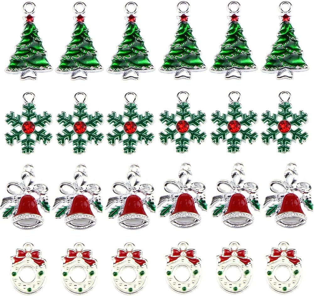 24 Pack Christmas Assorted Enamel Charm Pendant Xmas Tree Snowflake Bell Garland Dangle Pendants for Necklace Bracelet Earring Anklet DIY Jewelry Making Crafting Accessories Decorations Silver Plated