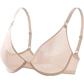 Anncude Demi Bras for Women Plunge Unlined Sheer Balconette Bra Mesh See Through Seamless Push Up Bra Wired Comfort No-Pads