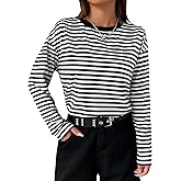 LilyCoco Womens Long Sleeve Striped Shirts Casual Color Block Crew Neck T Shirts