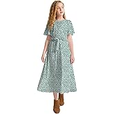 LaBeca Girls Casual Butterfly Sleeve Elastic Crew Neck Floral Printed Solid Color High Waist Midi Belted Dress with Pocket