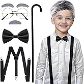 yeabwps 7Pcs Old Man Costume 100 Days of School Grandpa Costumes Old Man Wig Glasses Fake Mustache Eyebrows Cane Suspender Bow Tie 100th Day of School Dress Up Older Costume Cosplay