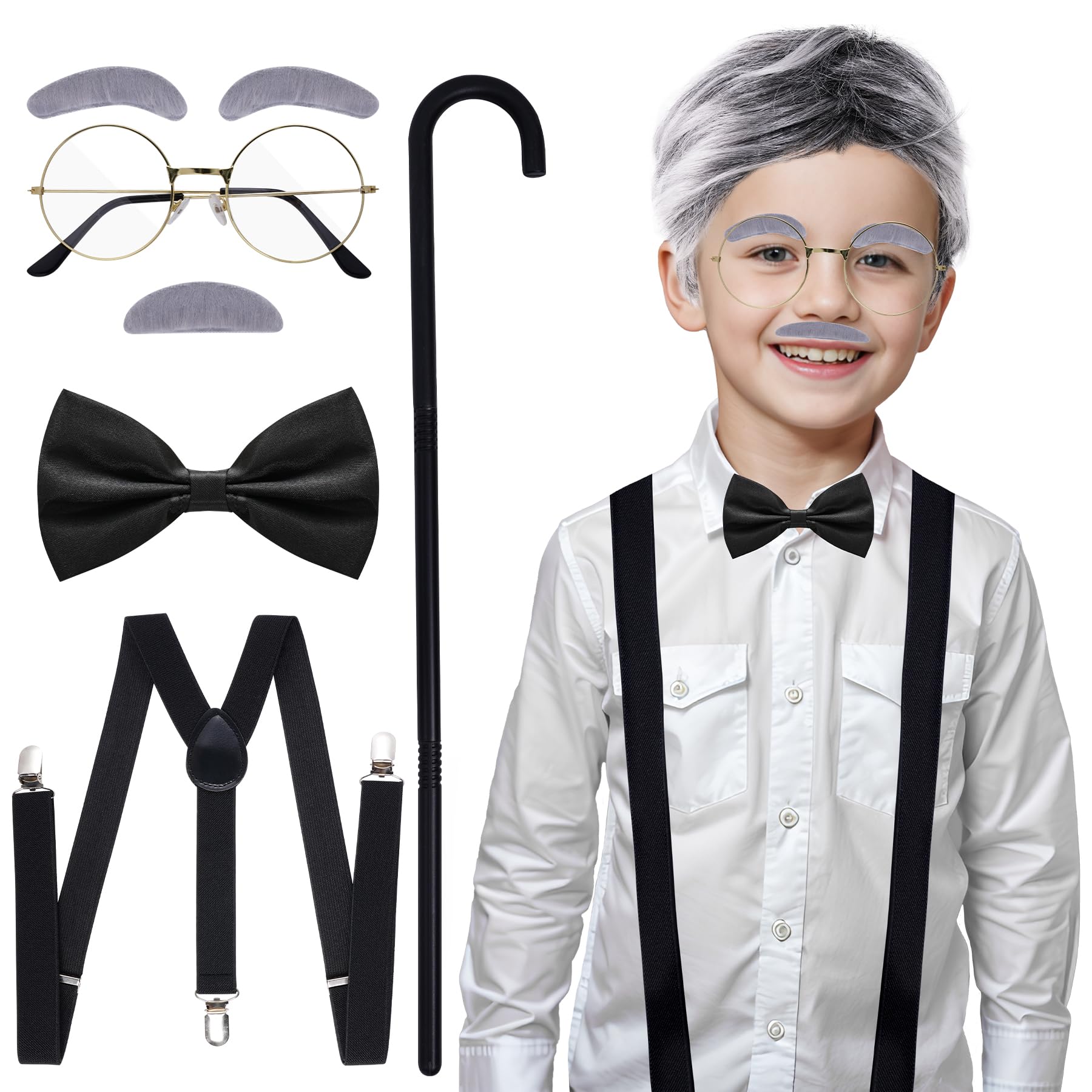 Photo 1 of yeabwps 7Pcs Old Man Costume 100 Days of School Grandpa Costumes Old Man Wig Glasses Fake Mustache Eyebrows Cane Suspender Bow Tie 100th Day of School Dress Up Older Costume Cosplay