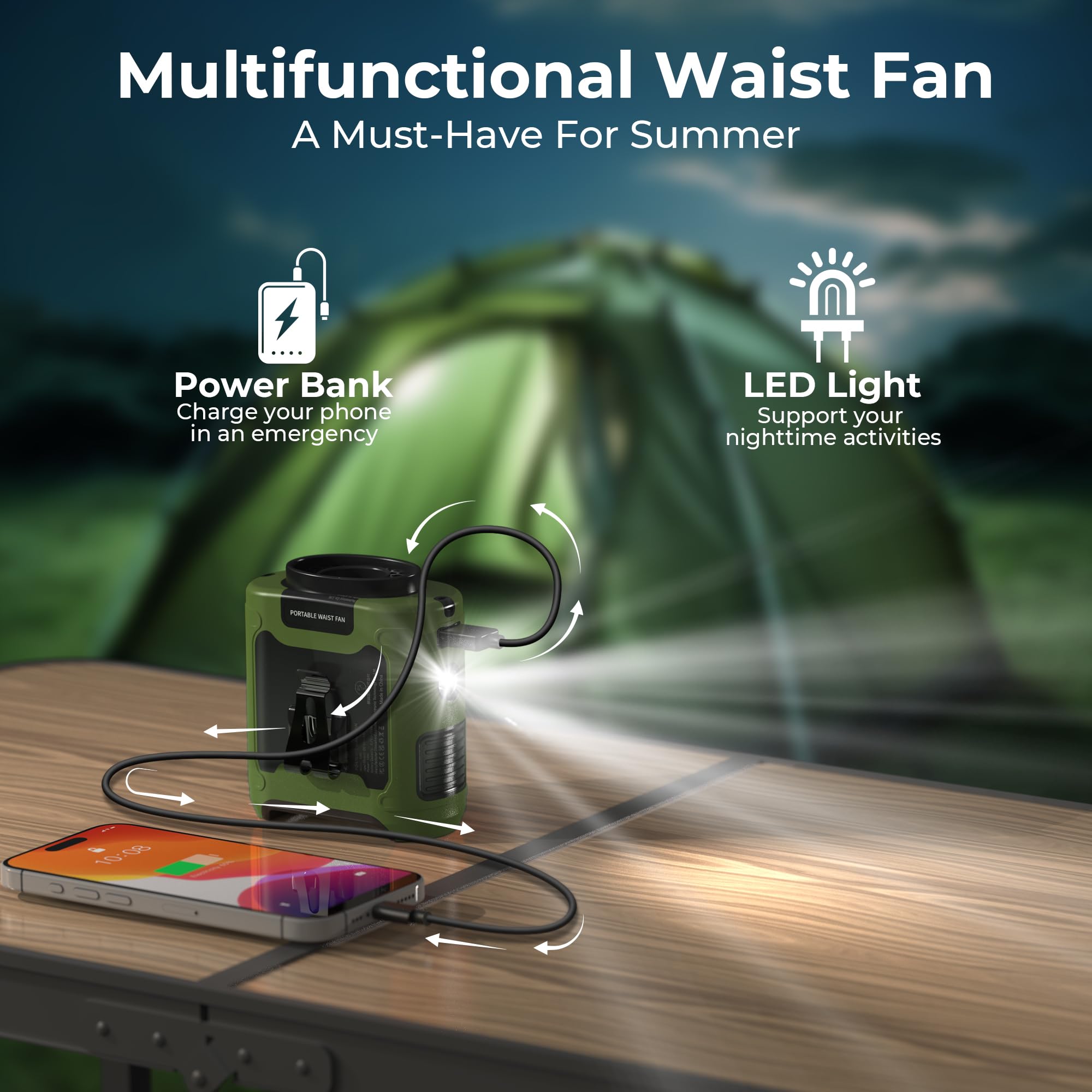 10000mAh Portable Waist Clip Fan, 40H Cooling Personal Wearable Fan, 5 Speeds 16000RPM Strong Belt Fan, Rechargeable Hands-free Neck Fan With Flashlight for Outdoor Jobsite Camping Traveling