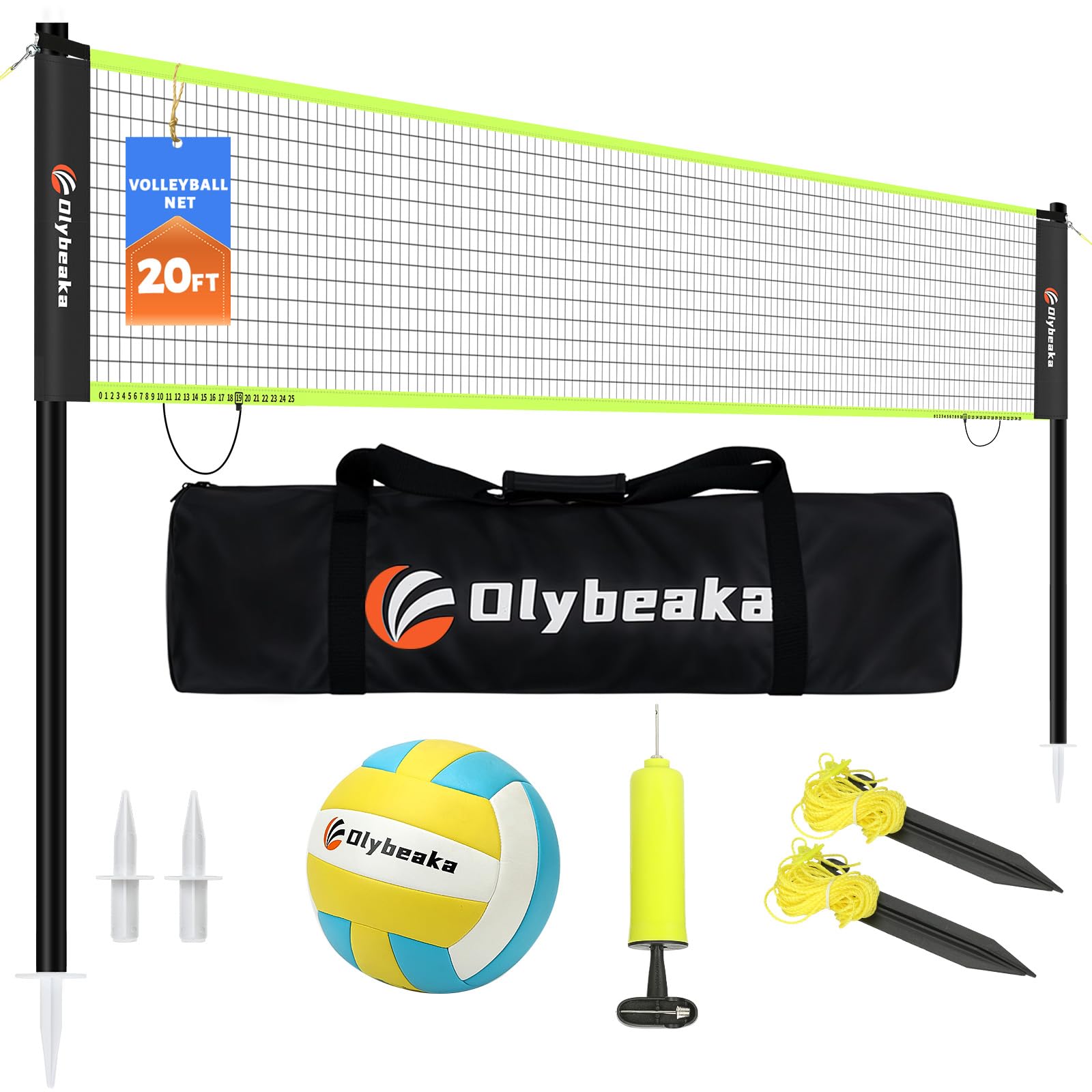 Photo 1 of 20FT Outdoor Volleyball Net Set System for Backyard Beach with Anti-Sagging Net, Iron Adjustable Height Poles, Soft PU Volleyball and Pump, Carry Bag - Instant Set Up & Durable (Black and Green)