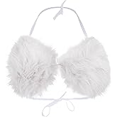 Women Sexy Faux Fur Triangle Deep V Bikini Bra Top Furry Halter Backless Crop Top Cami Clubwear Rave Festival Party Outfit