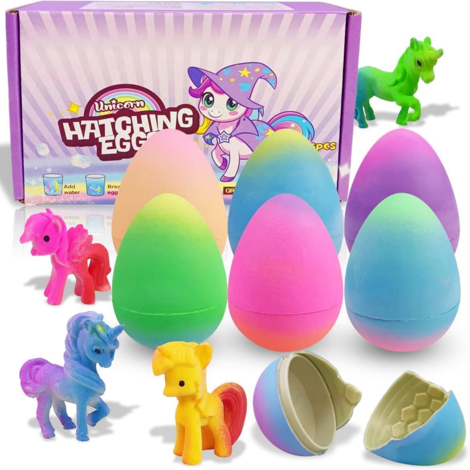JoyJoyful Gifts for 3 4 5 6 7 8 Year Old Girls, 6 Pack Unicorn Hatching Rainbow Eggs for Kids, Birthday Easter Basket Stuffers Gift Ideas for Kids, Party Favours Magic Surprise Growing Egg