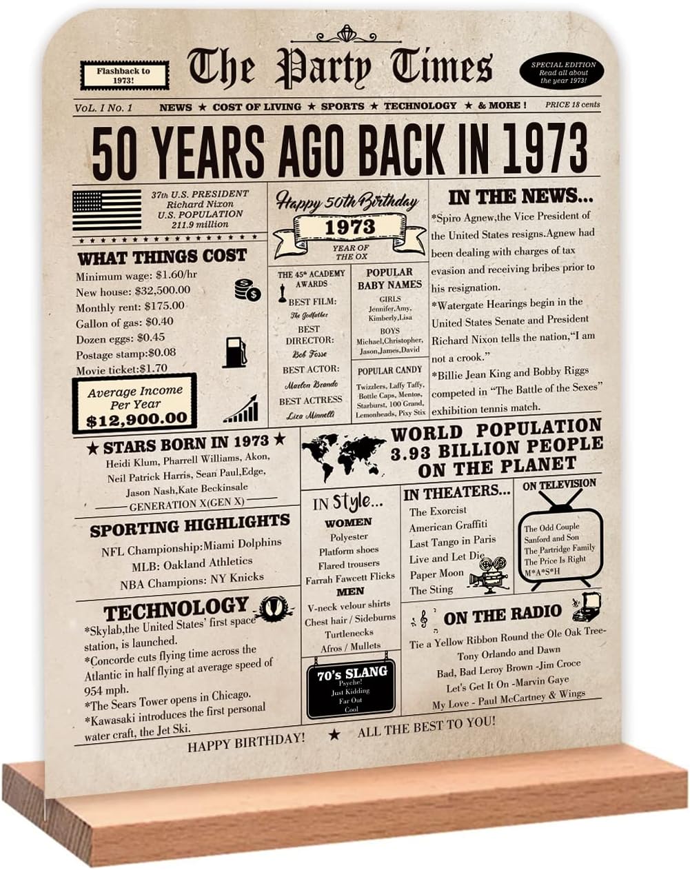 Wall Décor - QiFyLeo Retro 50th Birthday Gifts for Mom Dad, Two-sided Back in 1973 Poster Acrylic Sign with Stand, Classic 1973 Newspaper Poster, 50 Year Old Bday Party Decoration