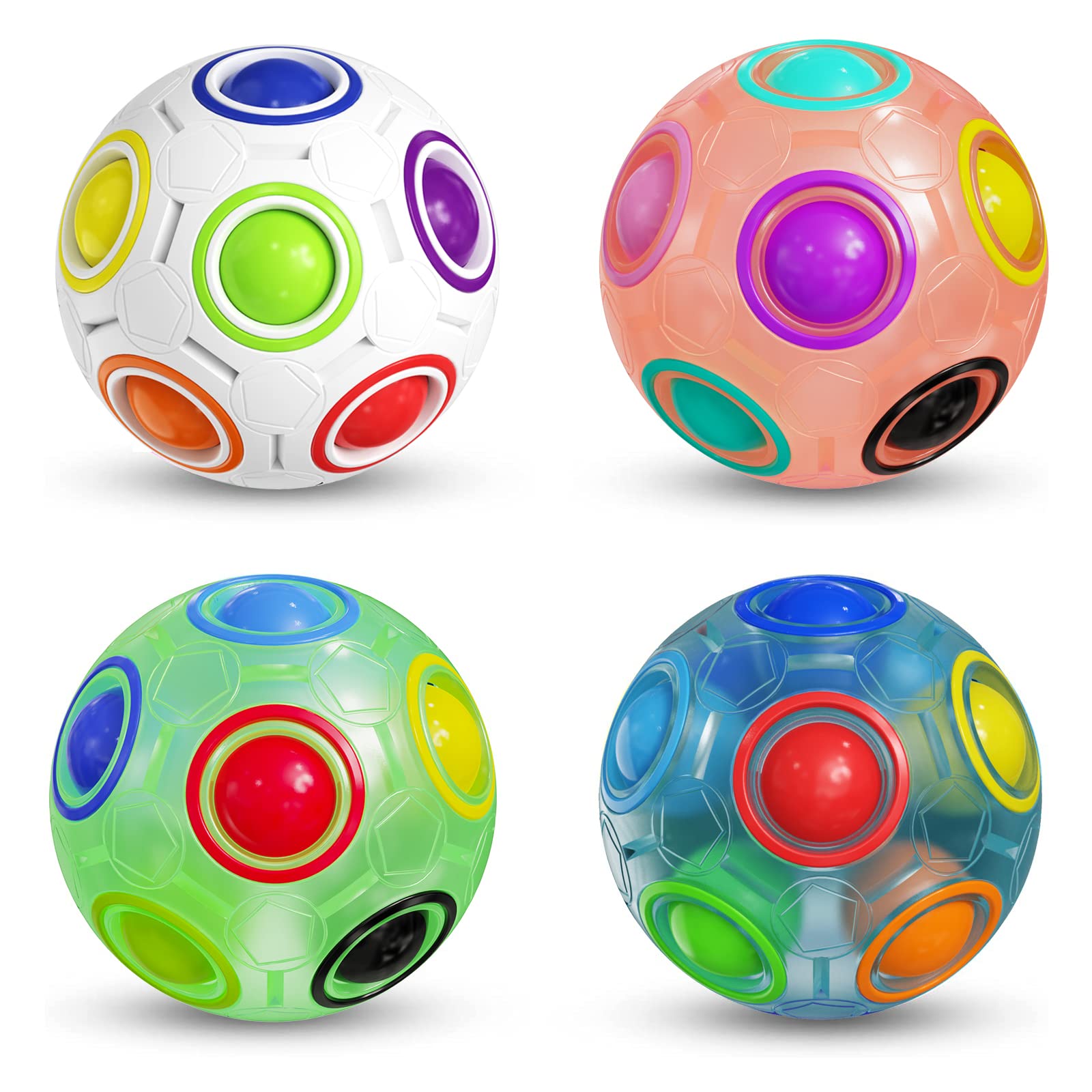 ROXENDA Magic Rainbow Ball with 12 Holes, Puzzle Ball Skill Game - Brain Teaser & Fidget Ball for Kids from 6 Years - 4 Pack(Green&blue&pink&white)