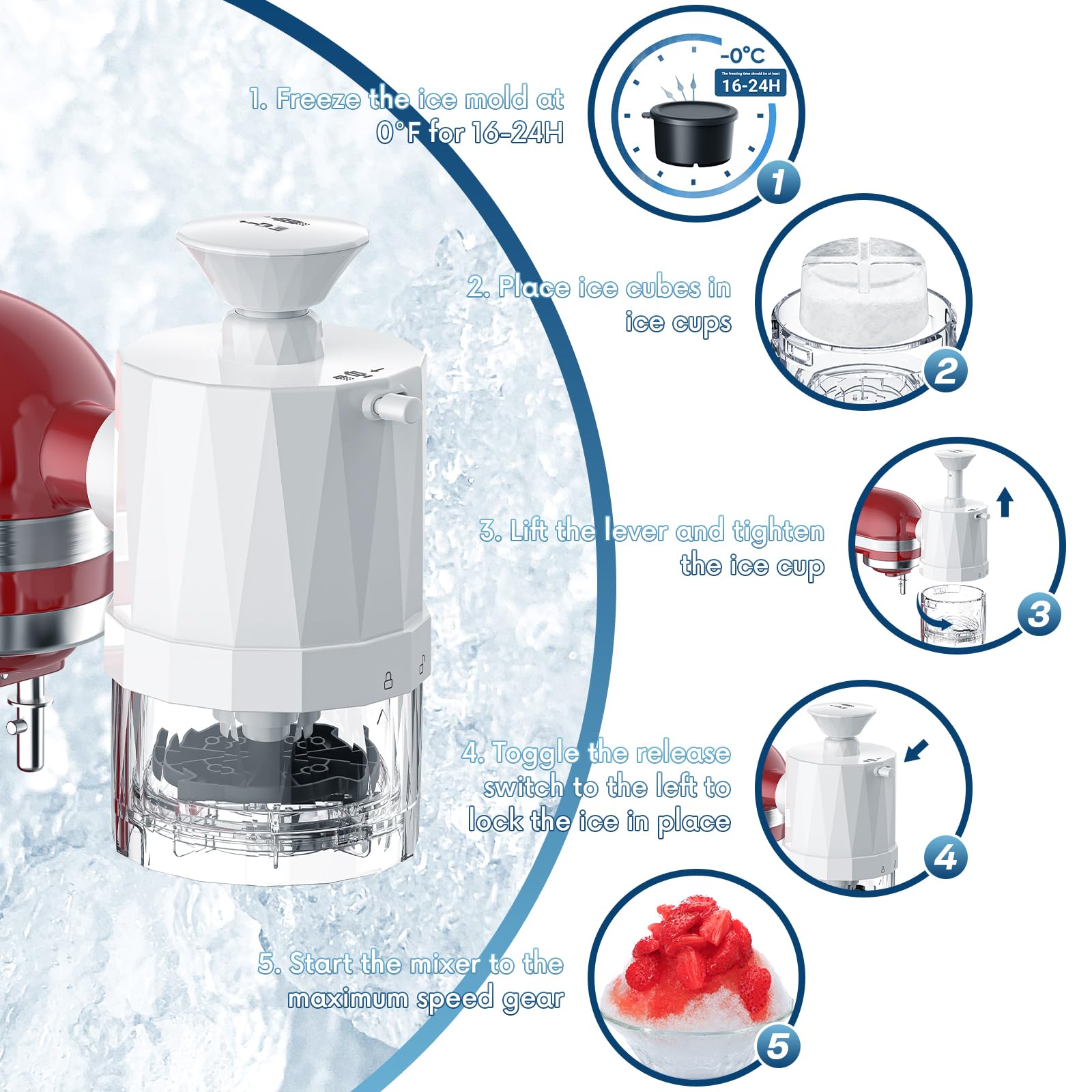 Shaved Ice Attachment for KitchenAid Stand Mixer, Shaved Ice Machine for Kitchenaid Mixer Attachments with Coarse and Fine Blades, 8 Ice Cube Molds