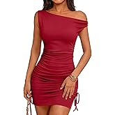 OWIN Women's Sexy One Shoulder Drawstring Side Slit Ruched Bodycon Mini Dresses Ribbed Knit Casual Cocktail Club Party Dress
