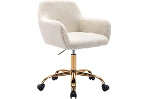 KCC Faux Fur Office Desk Chair, Comfy Swivel Armchair with Wheels, Upholstered Fuzzy Vanity Chair, Adjustable Height, White