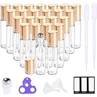 PrettyCare Essential Oil Roller Bottles 10ml (24 Pack Clear Glass Bottle with Gold Cap, 4 Extra Roller Balls,48 Labels, 2 Ope