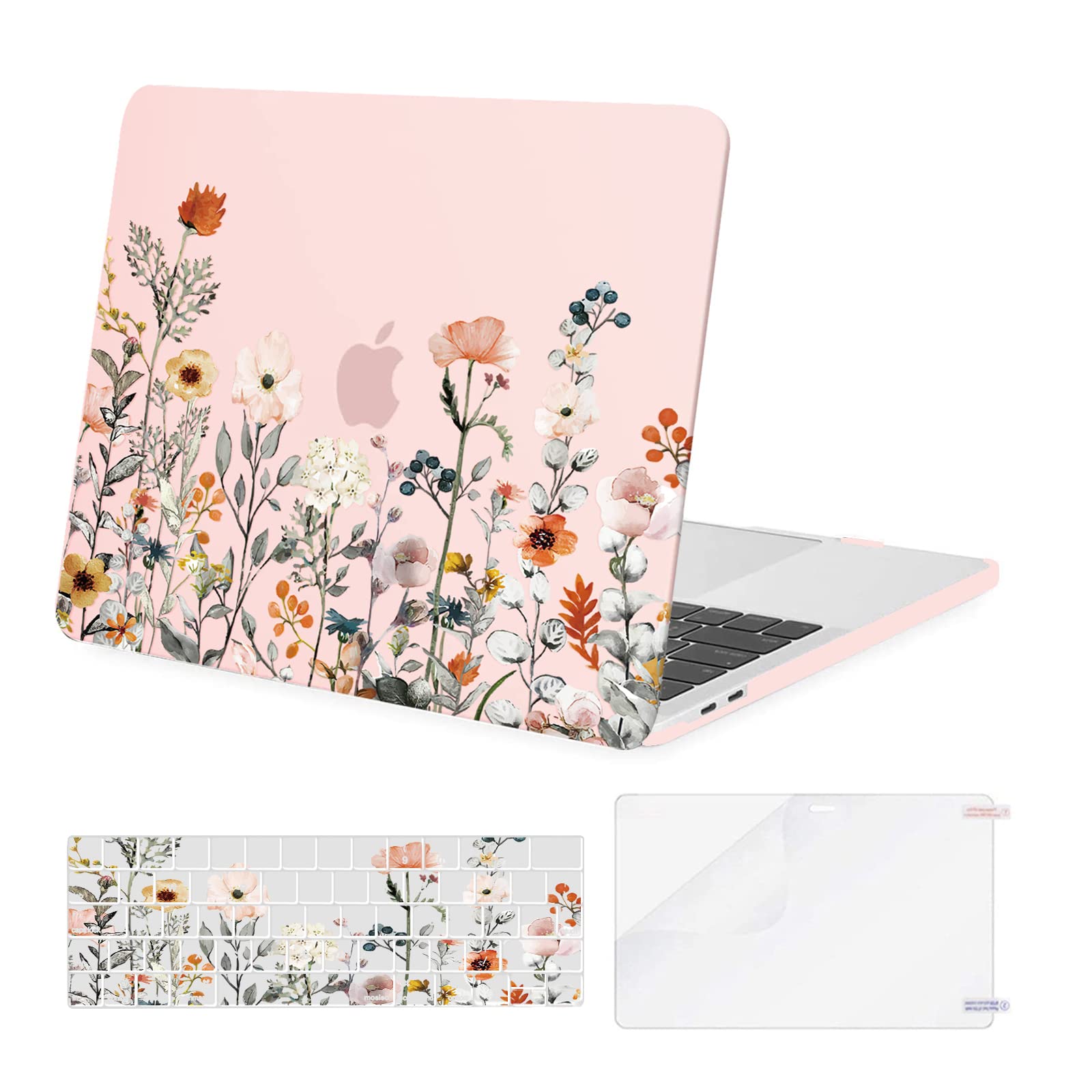 MOSISO Compatible with MacBook Pro 13 inch Case M2 M1 2026 2025 2024 2023-2016 A2338 A2289 A2251 A2159 A1989 A1706 A1708, Garden Flowers Hard Shell Cover &Keyboard Skin&Screen Protector, Pink