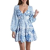 hibshaby Women's Floral Patchwork Mini Dress 2025 Fall Long Sleeve V Neck Lace Layered Short Desses
