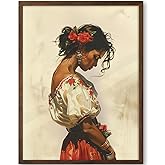 iHery Natural OAK Walnut Color Wood Mexican Framed Wall Art, 12x16in Romantic Mariachi Southwestern Modern Canvas Wall Art, Rustic Mexico Woman Huipil Bedroom Decor, Bathroom Living Room 1Pack