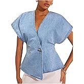 Floerns Women's Asymmetrical Denim Blouses Button Dolman Sleeve Wrap V Neck Jeans Tops