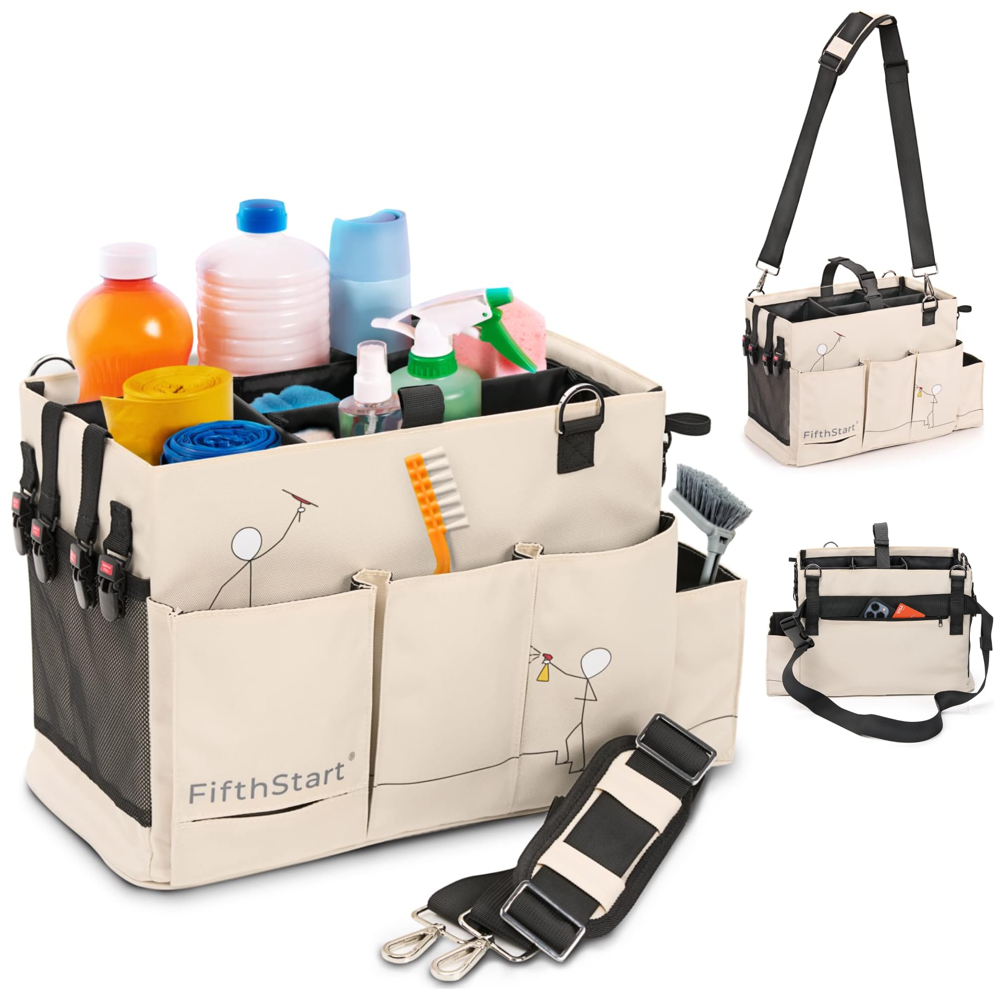 FifthStart Multipurpose Cleaning Caddy with Handle, Waist & Shoulder Strap - Nappy Caddy - 9 Pockets & Easily Cleaned - Sturdy & Portable Storage Box with Adjustable Compartments (Beige, Small)