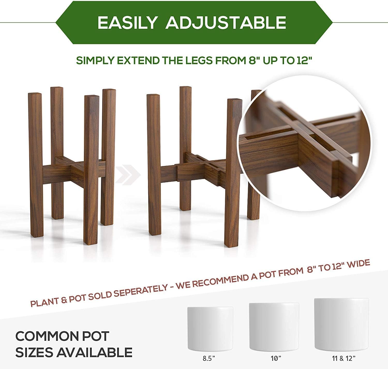 Mid Century Plant Stand - Adjustable Modern Indoor Plant Holder - Brown Planter Fits Medium & Large Pots Sizes 8 9 10 11 12 inches (Not Included) (Adjustable Width: 8-12" x 16" Tall, Dark Brown) : Garden & Outdoor