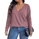 VISLILY Plus-Size-Tops for Women Trendy V Neck T Shirts Casual Dressy Long Sleeve Tunics Tees Loose Fit Blouses XL-5XL