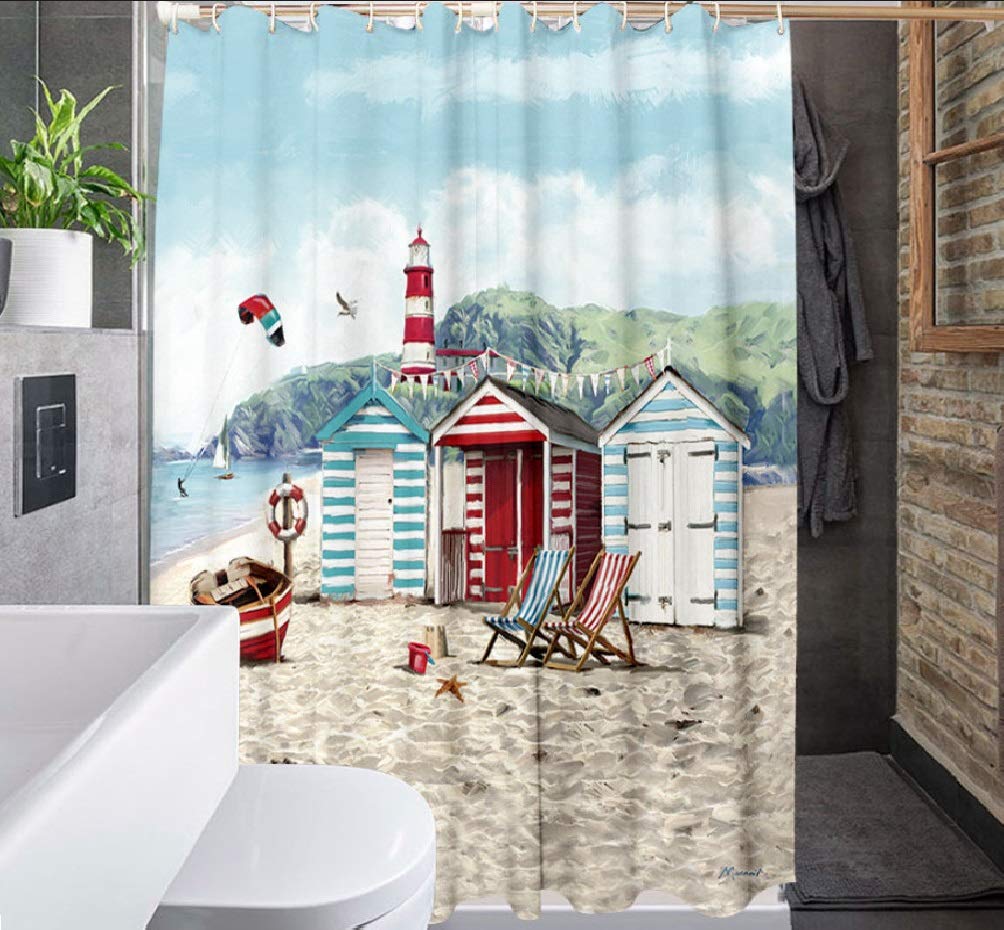 SCVBLJS Beach Hut Shower Curtain Waterproof Bathroom Bathtub Polyester Fabric Bathroom Shower Curtain With Hooks 180X180Cm …