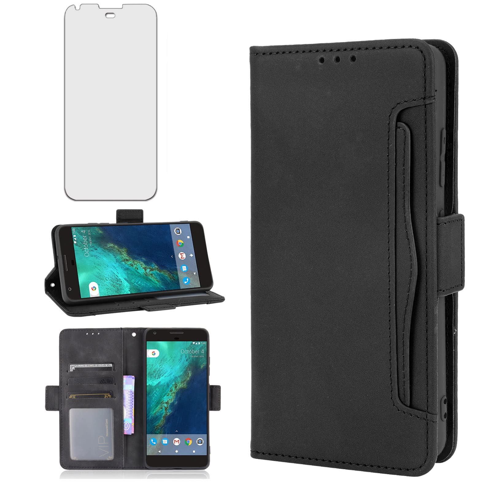 Asuwish Compatible with Google Pixel XL Wallet Case Tempered Glass Screen Protector Leather Flip Cover Card Holder Stand Cell Accessories Phone Cases for Pixle 1 XL One Pixel1 1XL 2016 Women Men Black