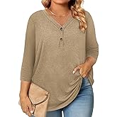 Plus Size Clothes 3/4 Length Sleeve Womens Tops Button Down Shirts Blouses Dressy Casual Loose Tunics L-4XL