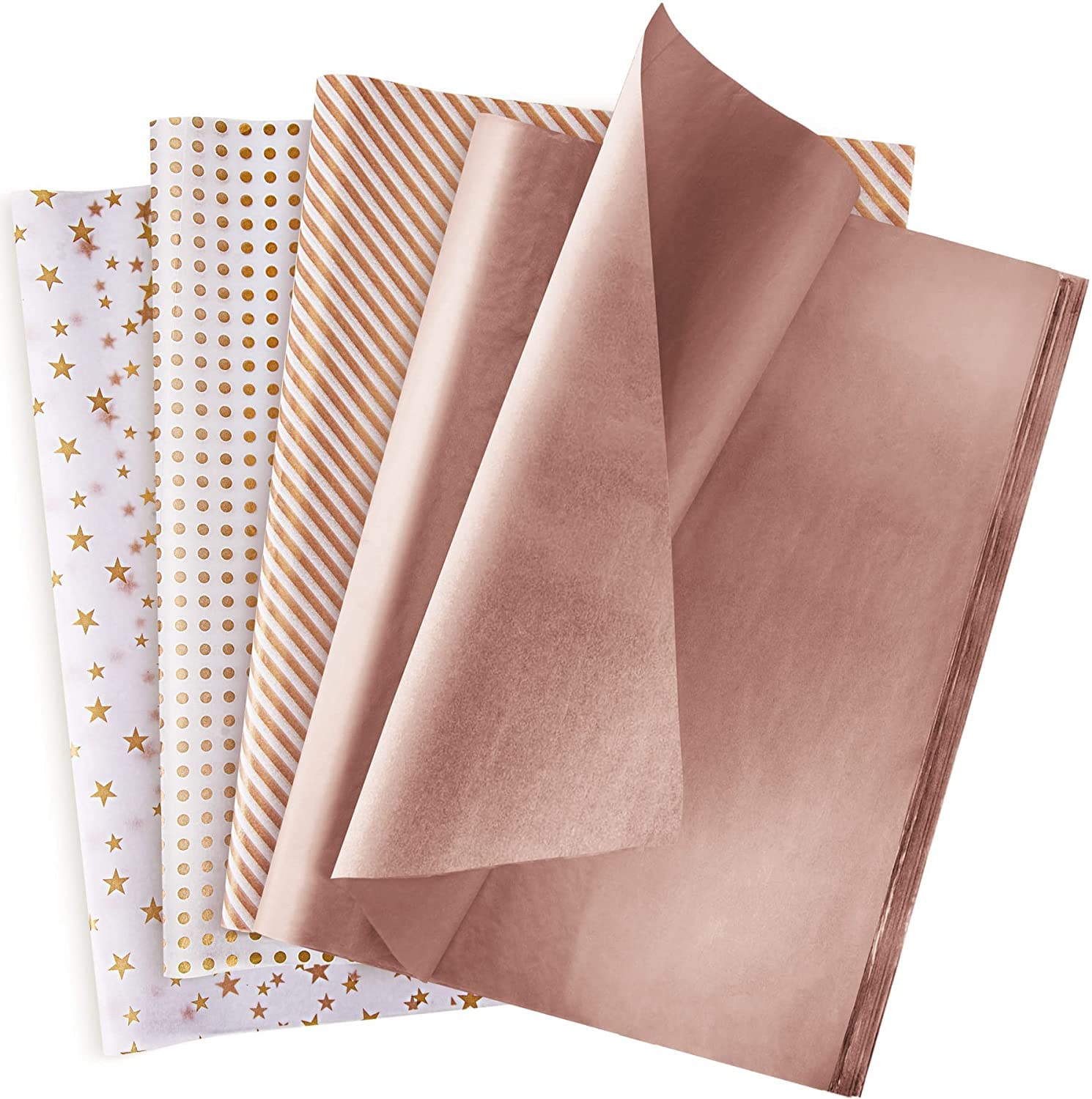 Larcenciel Metallic Tissue Paper Bulk for Gift Bag Gift Wrapping, 120 Sheets 4 Style Colored Rose Gold Gift Tissue Paper for Packaging, Christmas, Birthday, Holiday, Wedding Decor, Art Craft, 50x35cm