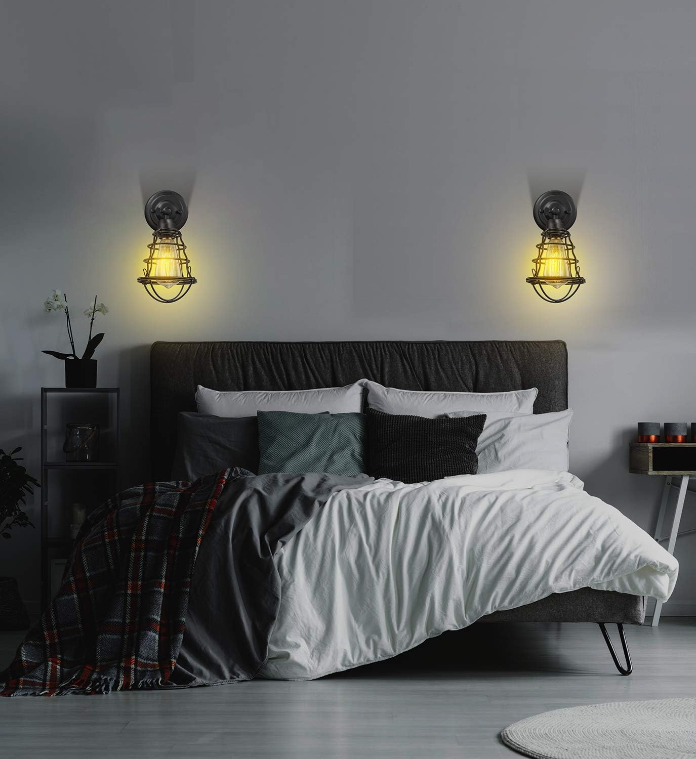 Industrial Plug in Wall Light E26 Base Edison Wire Cage Style Vintage Wall Lights with 5.9Ft Adjustable Plug in Cord Rustic Wall Sconce Fixture for Headboard Bedroom Porch Bathroom 2 Pack - - 