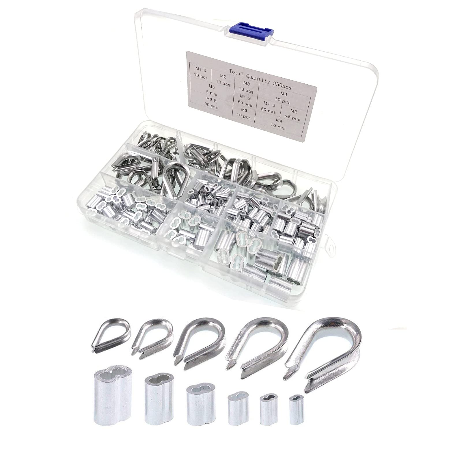 JZK 250pcs M1.5 M2 M3 M4 M5 wire rope thimbles combo and 1.2mm 1.5mm 2mm 2.5mm 3mm 4mm crimping loop sleeve assortment kit for wire rope thimbles rigging