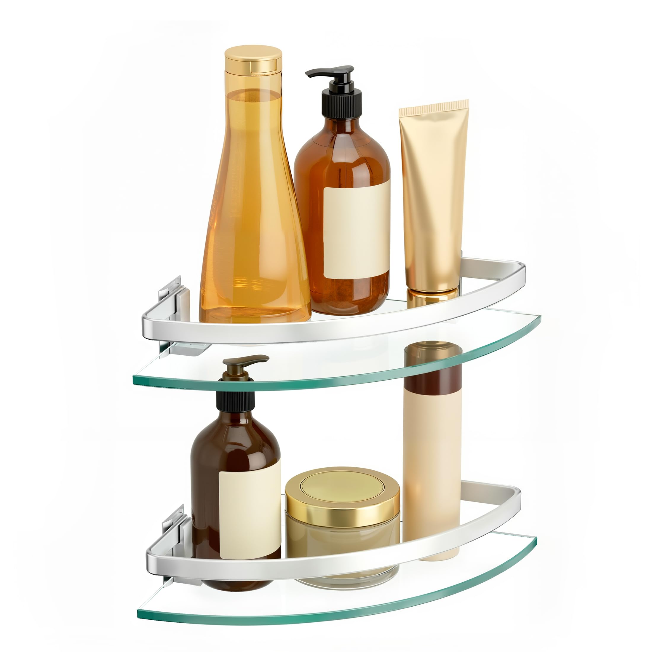 KES Corner Shower Shelf 2 Pack, Bathroom Corner Glass Shelf with Rail, 8MM Extra-Thick Tempered Glass Wall Mounted Shower Caddy Silver, A4120A-P2