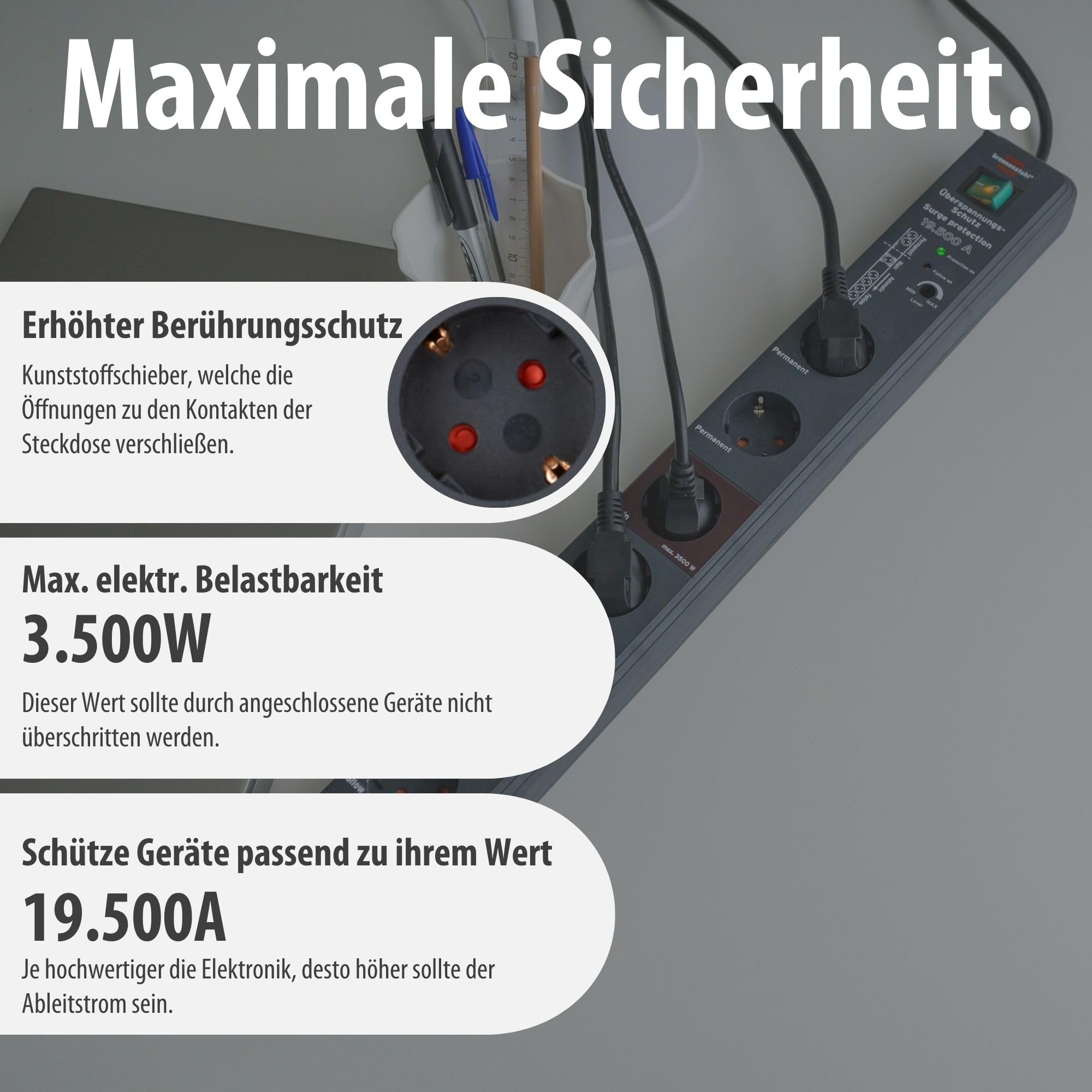 Brennenstuhl Secure-Tec Steckdosenleiste 8-Fach mit Überspannungsschutz und Main Follow Funktion (Mehrfachsteckdose mit 3m Kabel und Schalter) anthrazit 5