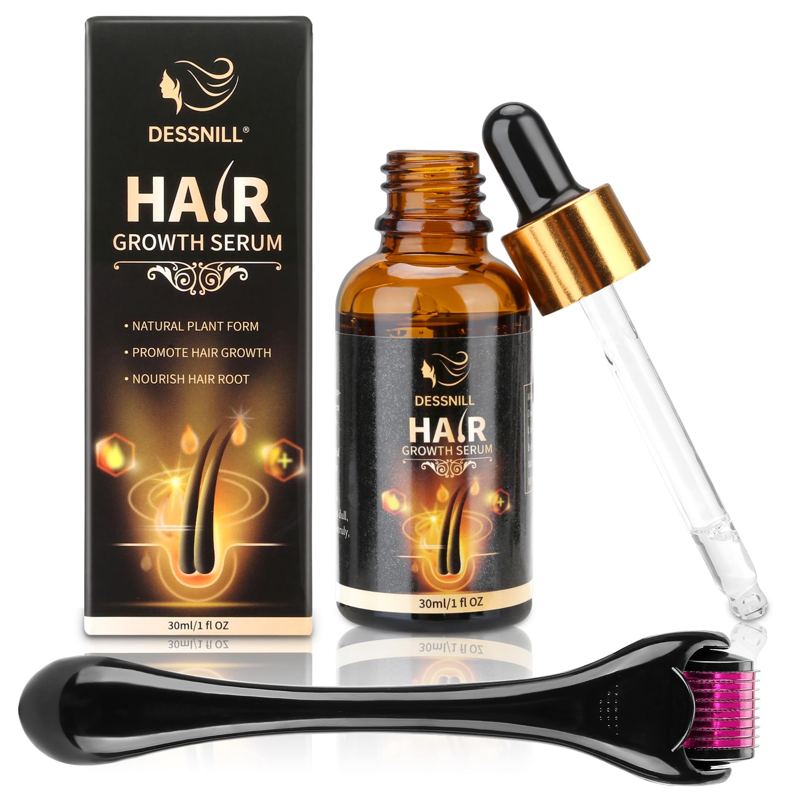 Dessnill Hair Growth Oil, Derma Roller Hair Growth Men Women 30ml Light-Weight Non-Greasy Hair Growth Oil Serum Reduce Beard Hair Loss Diluted Oil Dry Damaged Hair Tonic