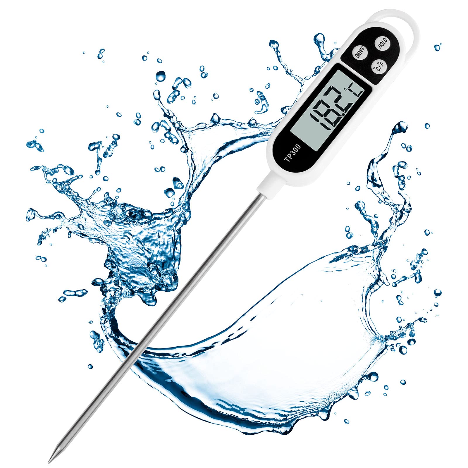 Digital kitchen Thermometer Cooking food, Accurate Thermometer with long Probe, instant read with large LCD screen, ℉/℃ Button for Hot Beverage, Meat, Grill, BBQ, Jam, water（Battery included）