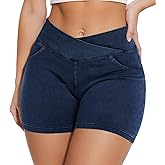 MONCCIZA Women’s Stretchy Jean Shorts Crossover High Waisted Pull On Denim Shorts with Pockets