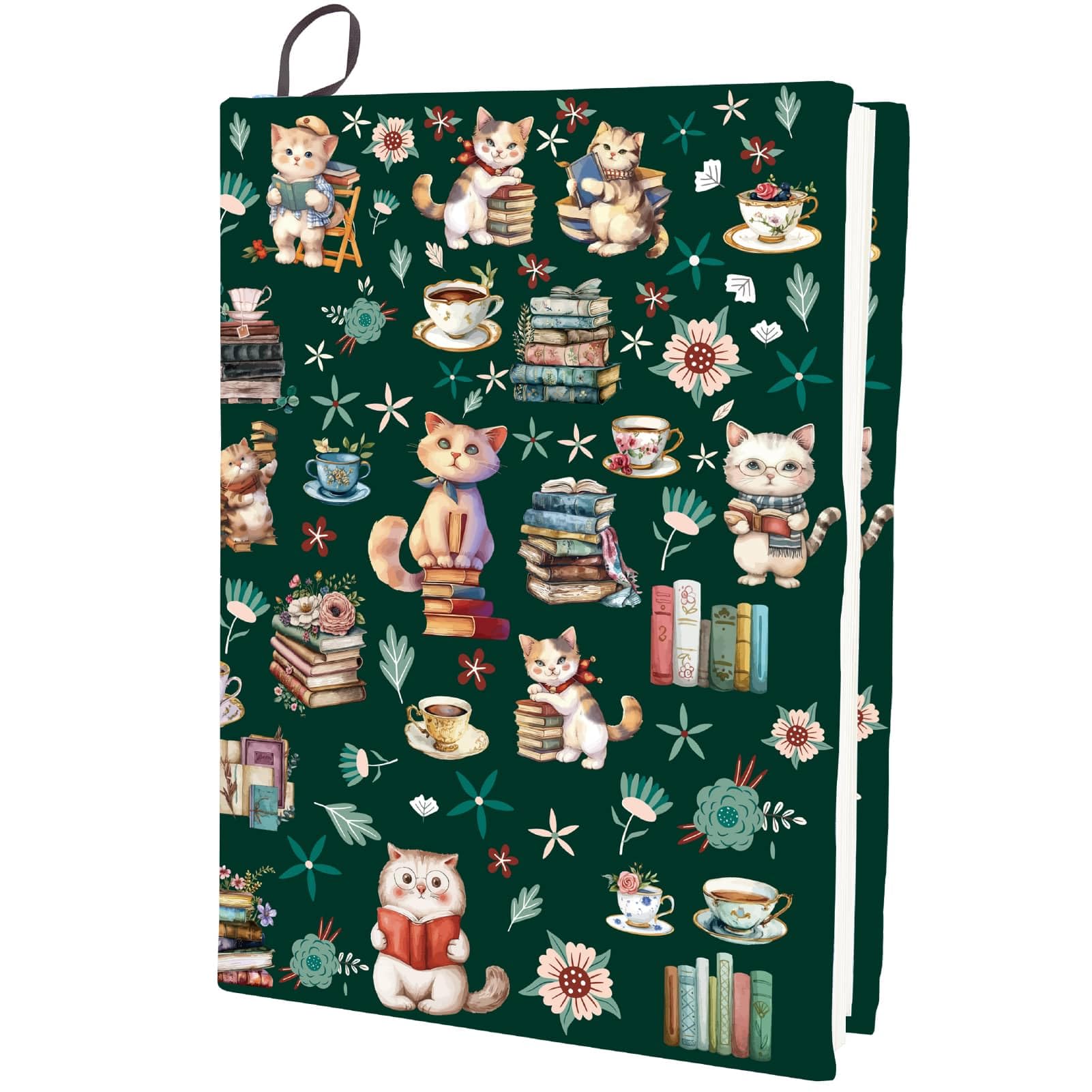 CRASPIRE Cat Stretch Book Cover Coffee Cup Books Flowers Pattern Elastic Book Sleeve Adjustable Reusable Washable Cloth Book Covers for Paperback Hardcover Notebooks Bible Book Lovers