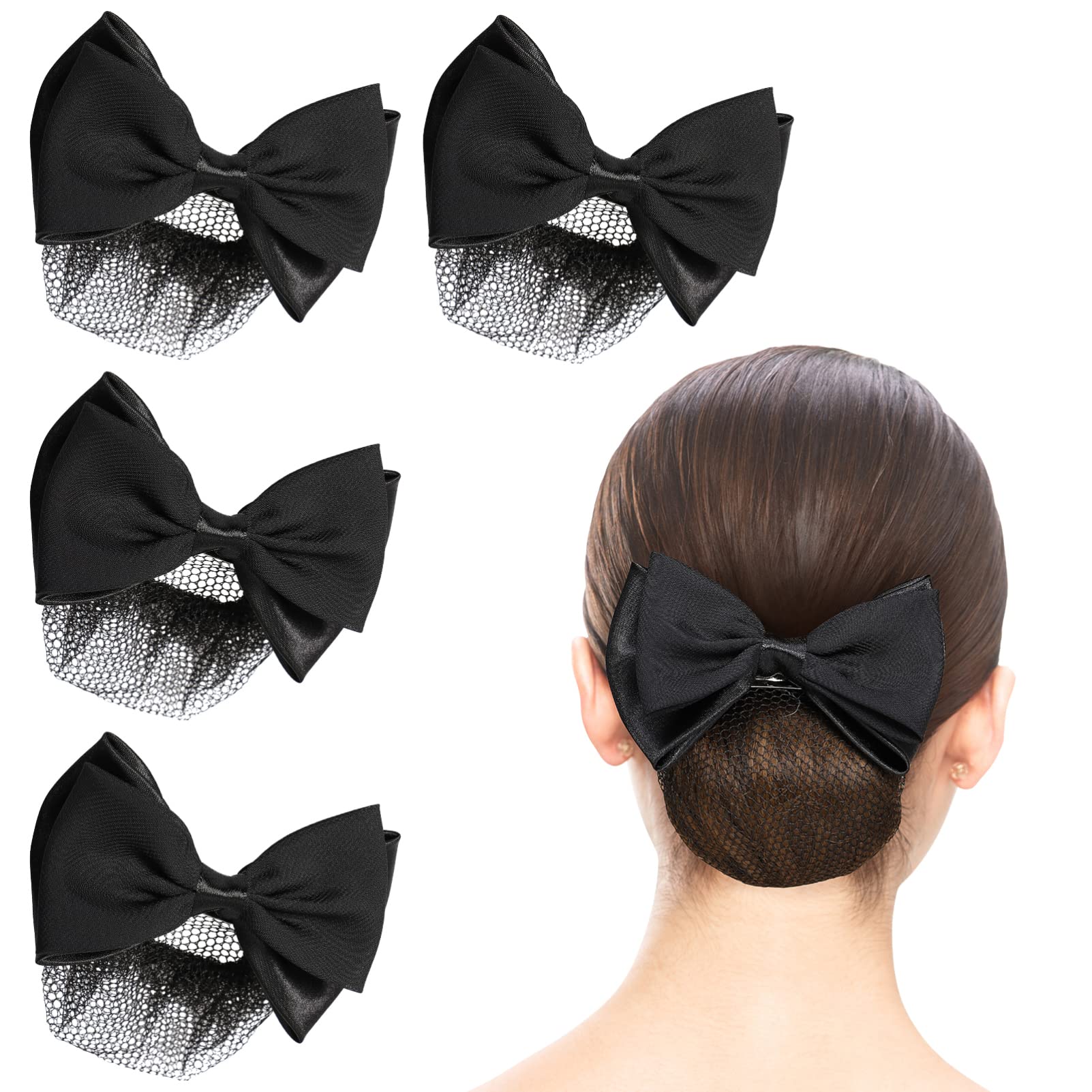 Photo 1 of Beaupretty 4 Pieces Women Hair Bun Cover Net Hair Snood Net Barrette Mesh Clip Elastic Butterfly Bun Bow Headdress