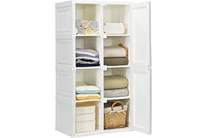 Tangkula Portable Closet Wardrobe, Foldable Clothes Organizer with Cubby Storage, Hanging Rods, Easy Assemble Clothing Storage with Magnet Doors, Folding Bedroom Armoire (8 Cubbies)