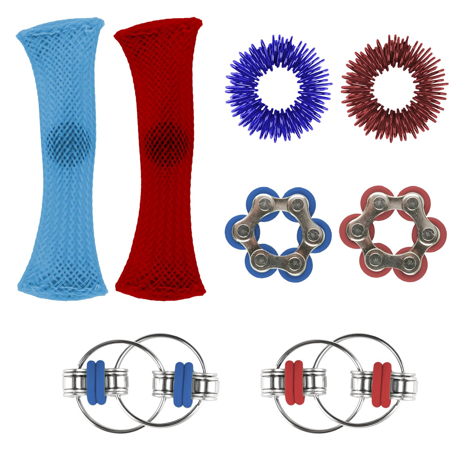 Tabanzhe 8PCS Decompression Fidget Sensory Six Roller Chain Infinite Flip Key Ring Set,Acupressure Stress Reducer Set,Anxiety Stress Relief forAdults(Blue,Red)