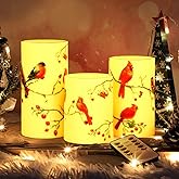 Lonfliness Red Cardinal Flameless Pillar Candles 3Pcs Christmas Flickering LED Pillar Candles Battery Operated Candles with Remote Control Red Candle Centerpiece Table Decor for Winter Holiday Home