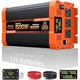 Jlouneo 1500 Watt Pure Sine Wave Inverter, 12V DC to 110V/120V AC | Power Inverter 3000W Peak for Vehicles, RV, Truck, Camping, Car, with 3 AC Outlet, USB-A, Type-C, LCD Display, Remote Control