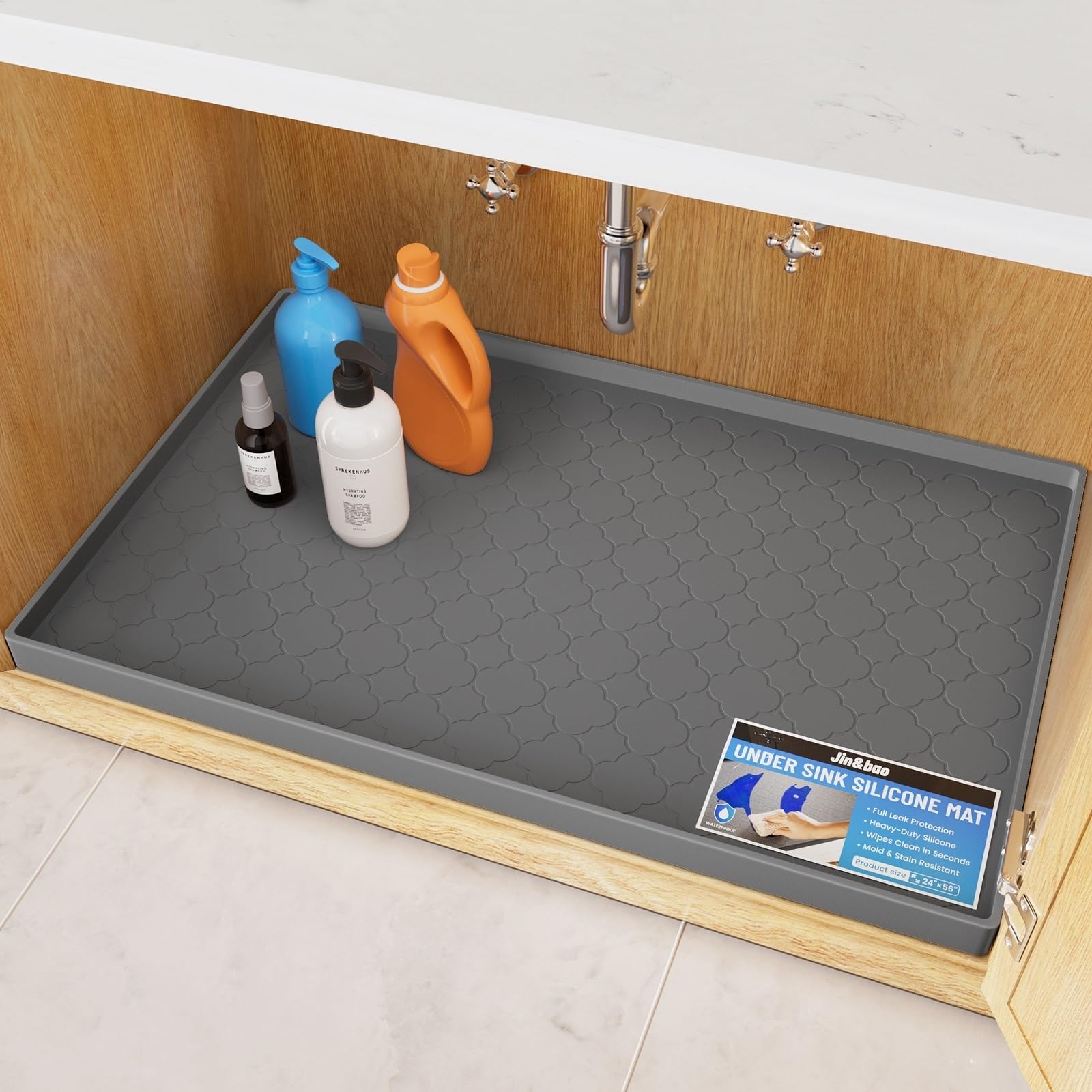 Photo 1 of Jin&Bao Waterproof Under Sink Mat 28x22 for Kitchen and Bathroom, Thicken Cabinet Protector and Kitchen Shelf Liner, Organizer and Storage, Multipurpose Mat for Pets, Coffee Area, and Shoe Entryway