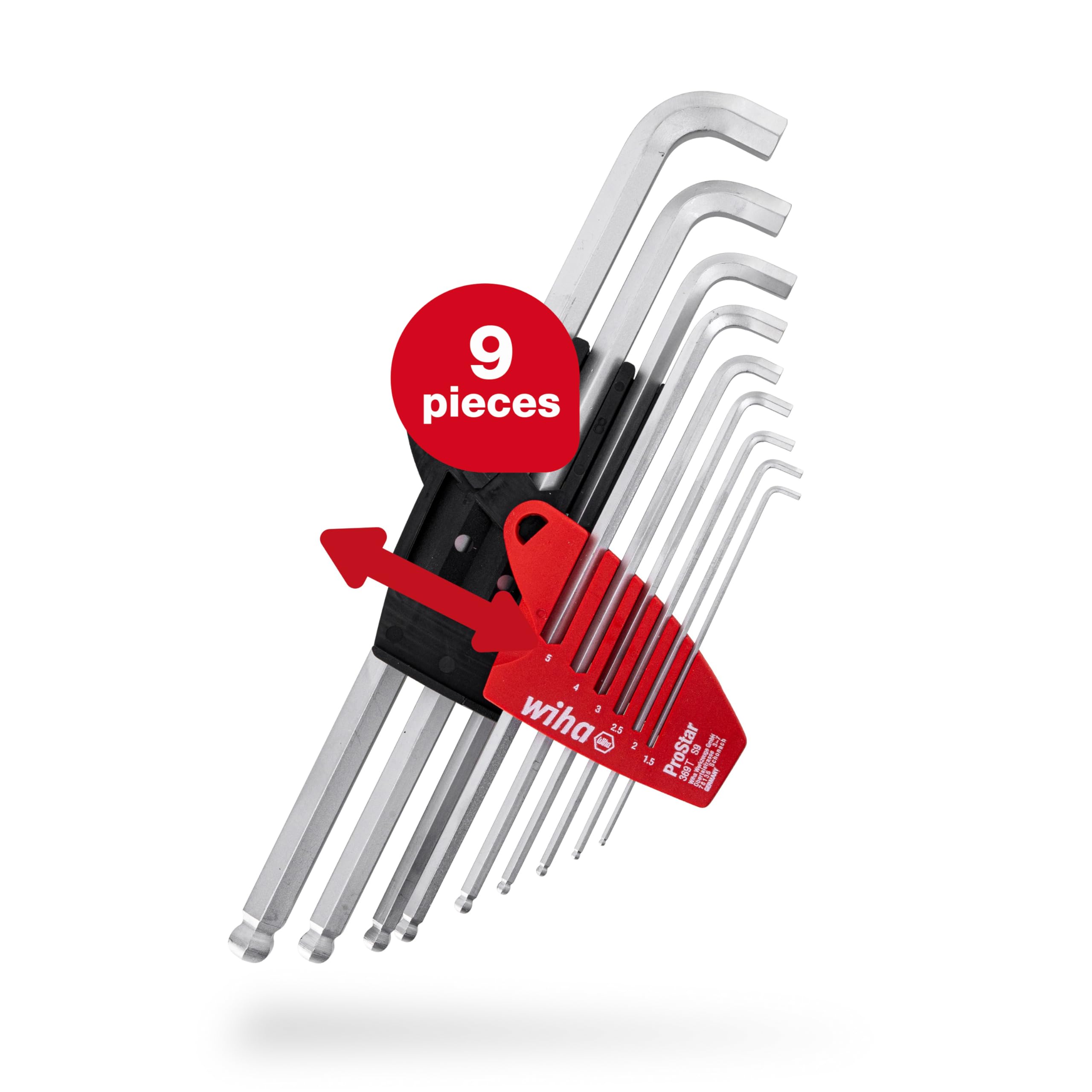 9-Piece Hexagonal Ball-Head pin-Wrench Set Wiha 35480 1,5/2/2,5/3/4/5/6/8/10, Red