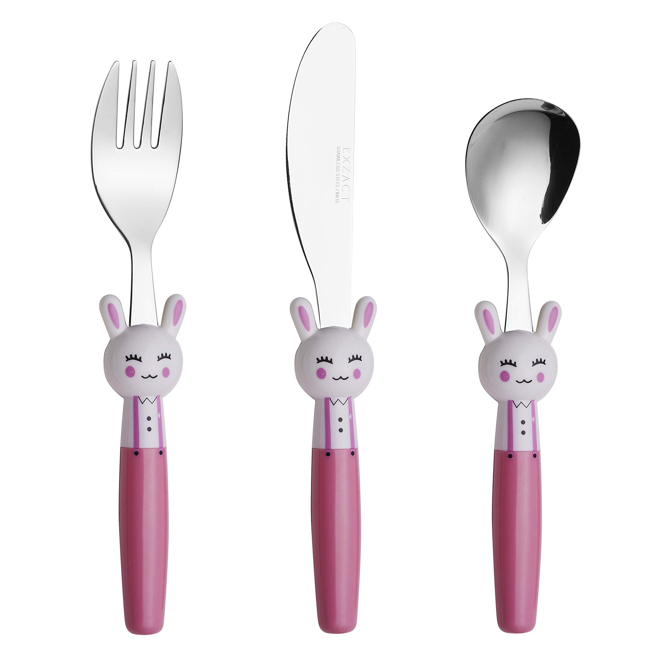 Exzact Children's Cutlery Stainless Steel 3pcs Set/Kids Cutlery/Toddler Utensils/Flatware - 1 x Fork, 1 x Safe Dinner Knife, 1 x Dinner Spoon (Rabbit x 3)