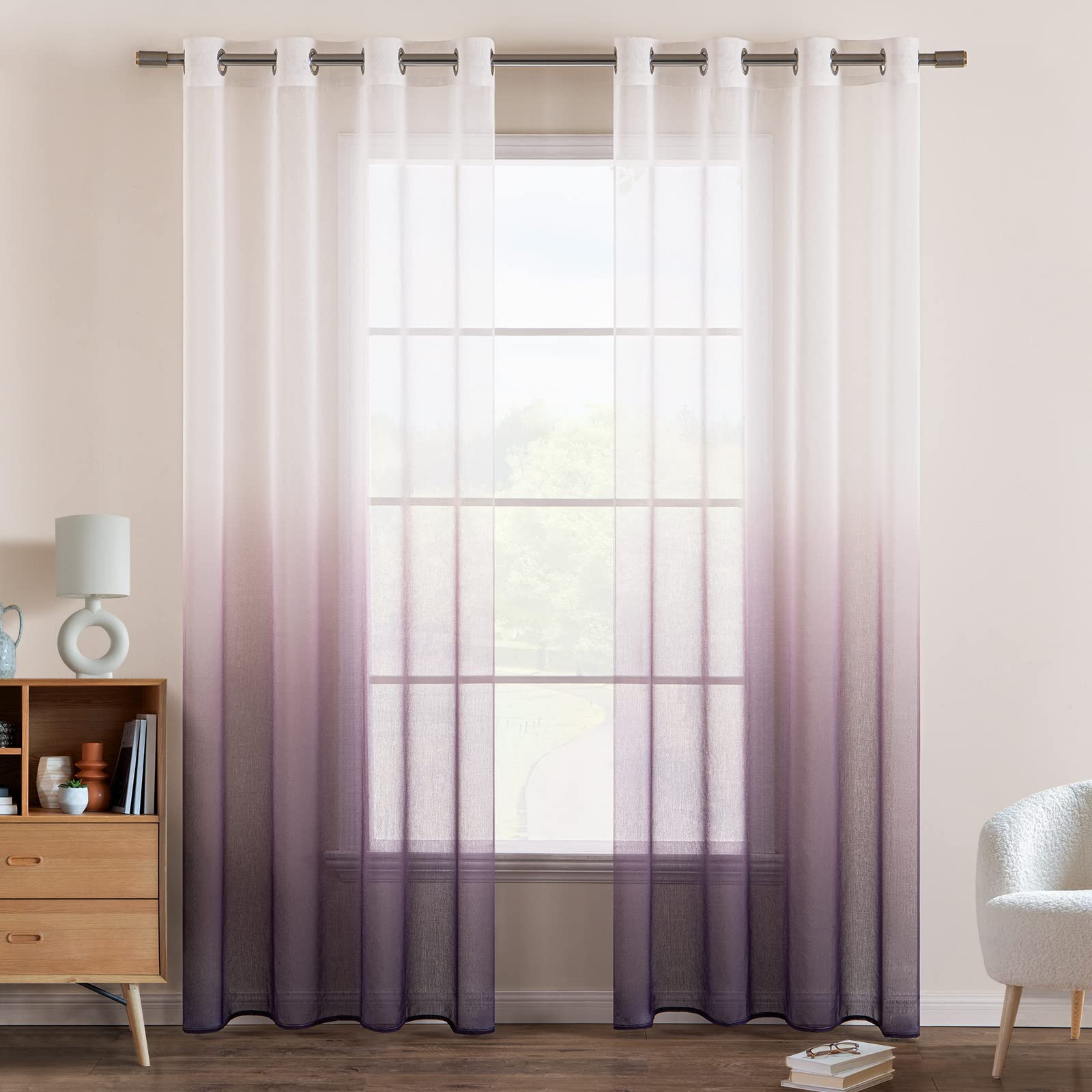 EMEMA Set of 2 Gradient Colour Changed Polyester Eyelet Voile Shade Semi-Transparent Decoration for Living Room, Bedroom, Office, 140 x 225 cm, Purple