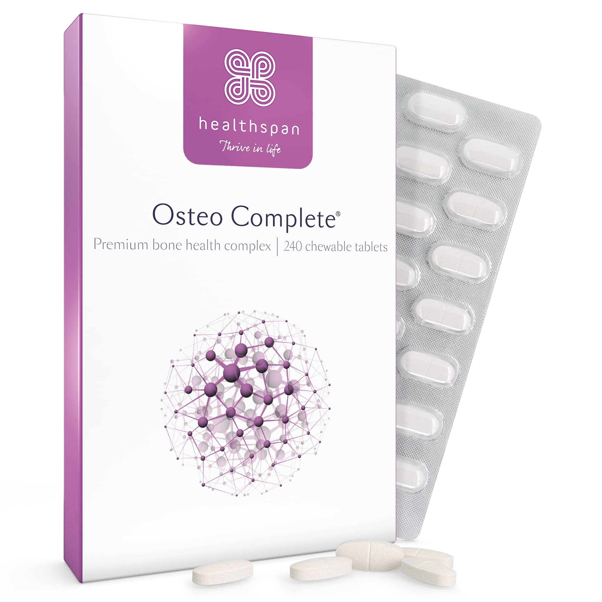 Healthspan Osteo Complete Bone Support | 240 Vanilla Chewable Tablets | Bone, Teeth & Muscle Health | with Vitamin D3, Zinc, Calcium, Magnesium, Boron & Copper | Vegetarian