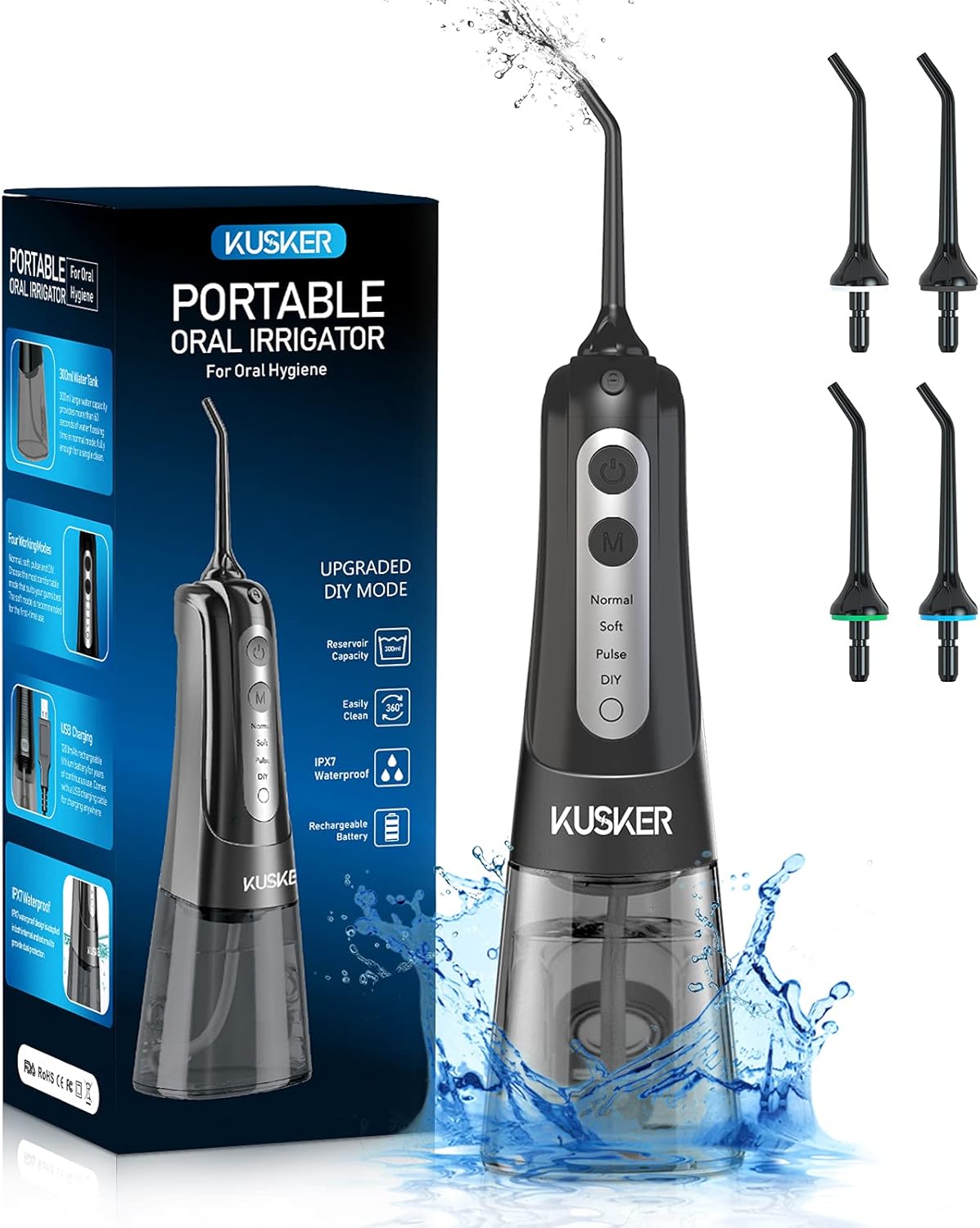 Water Flosser Cordless, KUSKER Portable Dental Oral Irrigator for Teeth, 4 Modes and 4 Jet Tips, IPX7 Waterproof, Rechargeable for 30-Days Use, Home, Travel, Braces, Bridges Care: Health & Personal Care