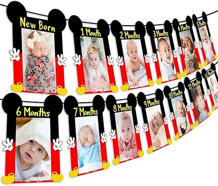 Kreatwow Mickey 1er Anniversaire Photo Banniere Mensuel Jalon Nouveau Ne A 12 Mois Photo Banniere Pour Mickey Et Minnie Premier Anniversaire Fete Decorations Fournitures Amazon Fr Cuisine Maison