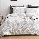 WARMDERN Boho Duvet Cover Set, Tufted Bedding Duvet Covers Soft Washed Microfiber Duvet Cover Queen Size, 3 Pieces Embroidery Shabby Chic Duvet Cover with Zipper Closure(White, Queen)